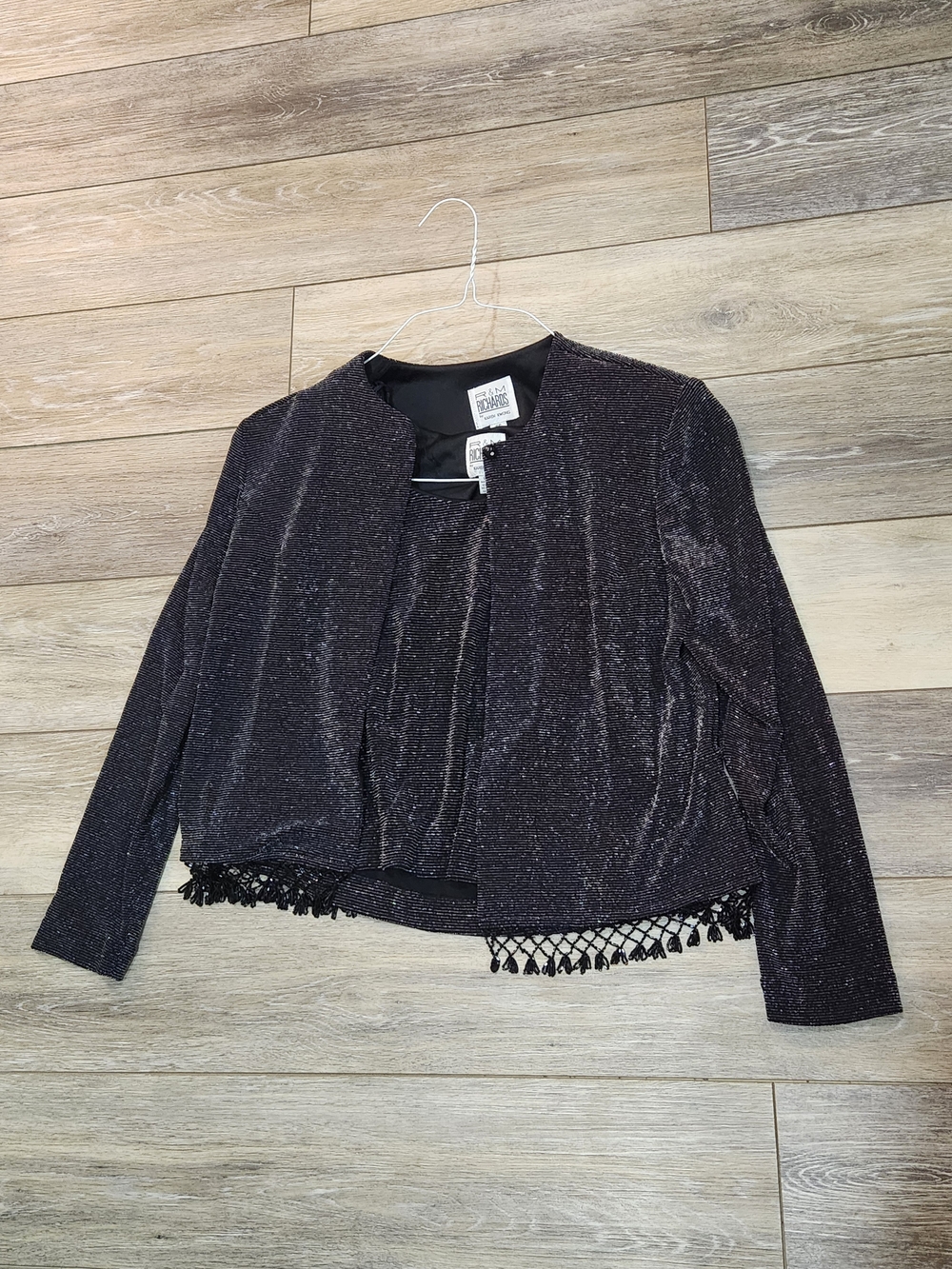 R&M Richards Black Metallic Thread Open Front Jacket With Beaded Trim Size 6 Pet